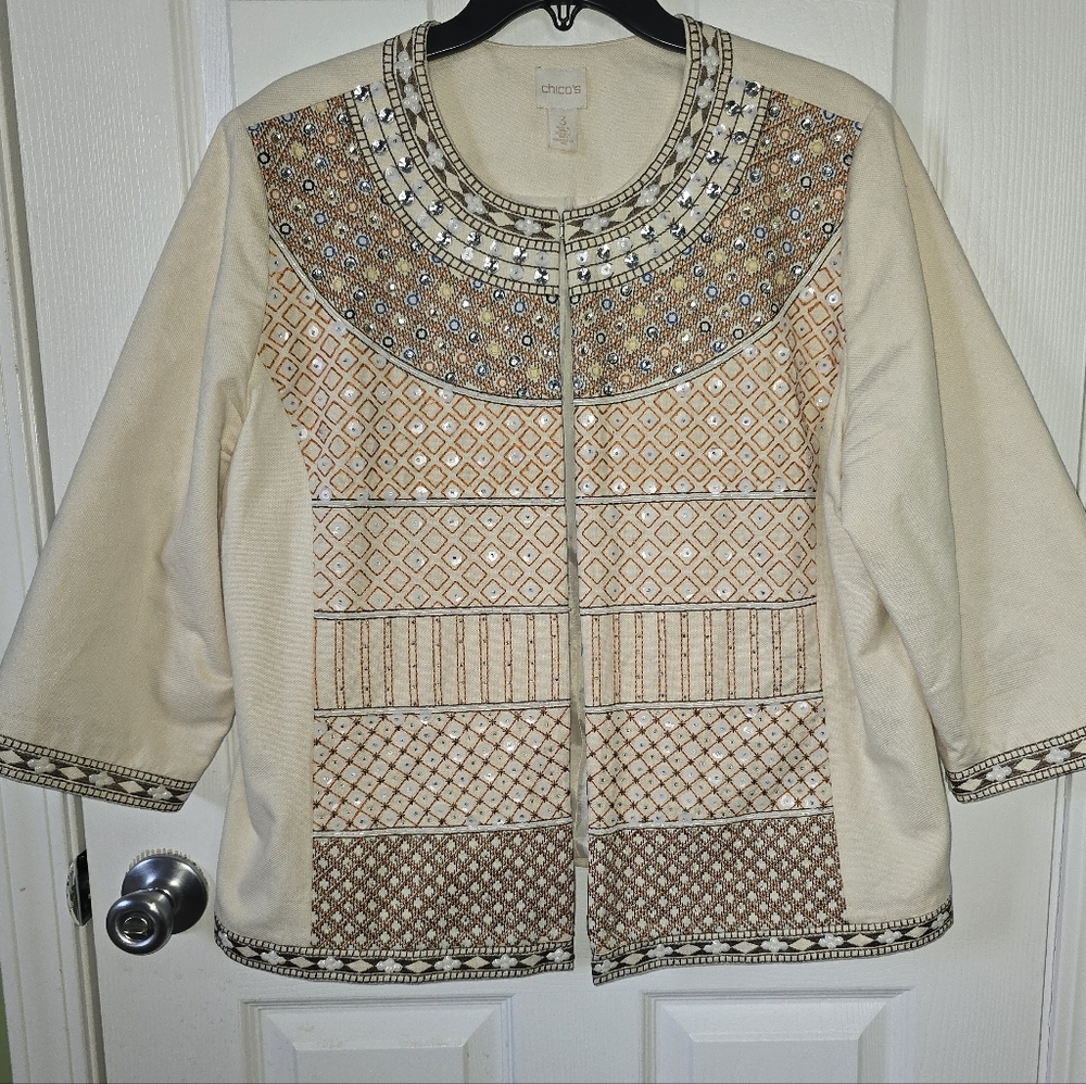 Chico's Cream and Tan Boho Collectible Embellished Jacket - Picture 2 of 10